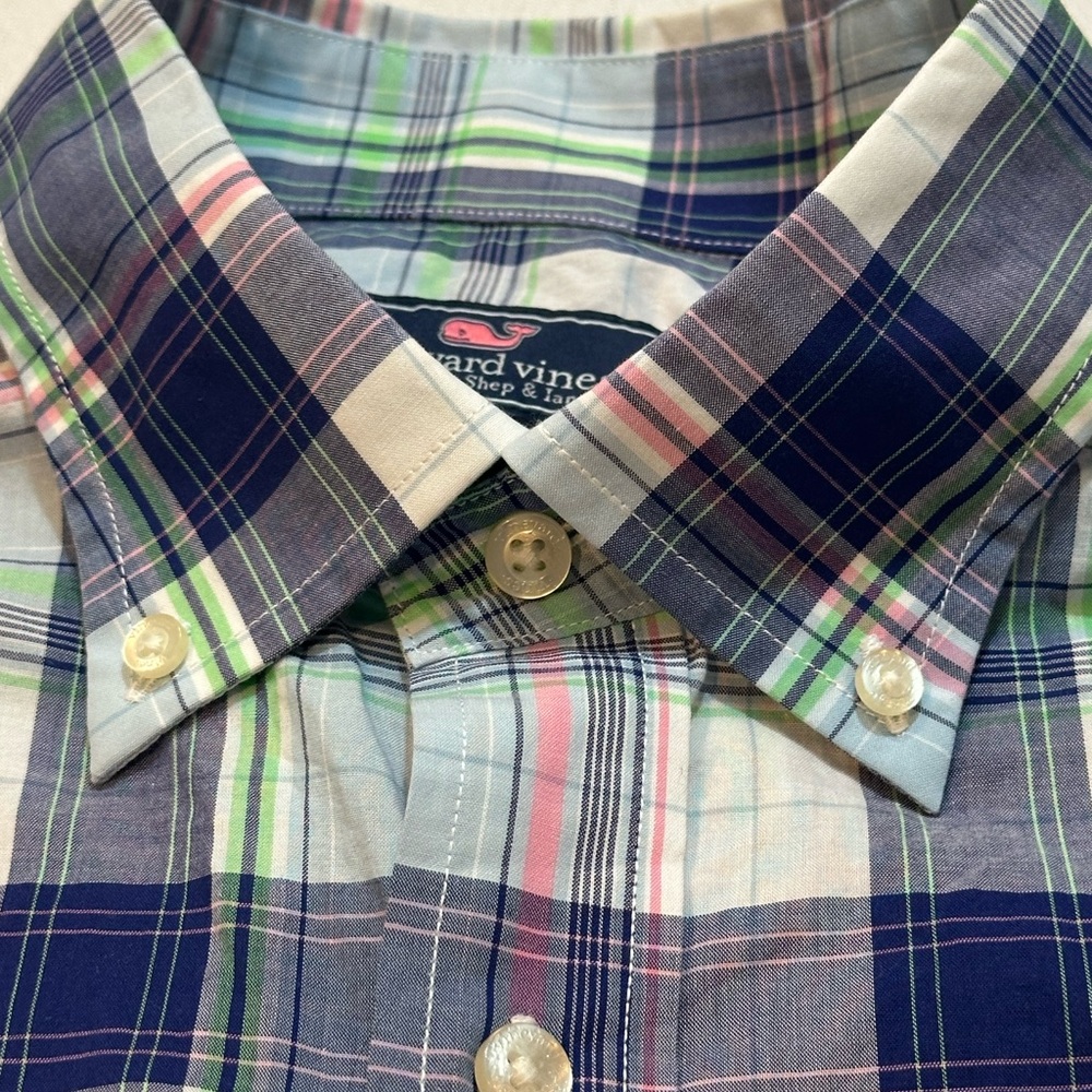 Vineyard Vines Plaid Whale Shirt Large Classic Fit Button Down Pink Navy Green - Picture 6 of 16